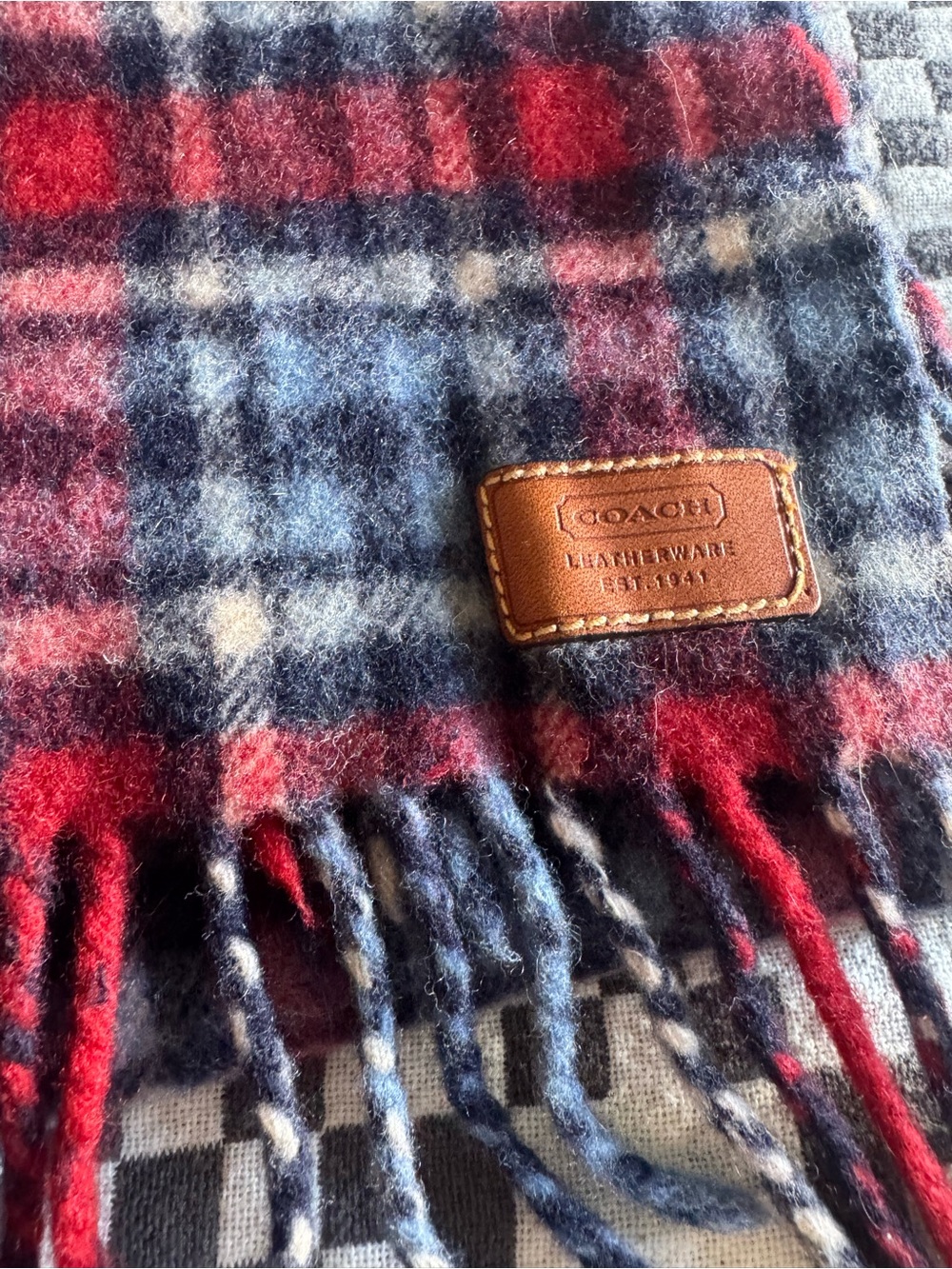 Coach Red and Navy Plaid Wool-Cashmere Scarf with Leather Tag